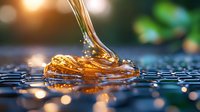 Golden honey dripping from dipper onto hexagonal surface with warm sunlight and bokeh background for natural sweetness and organic food concepts.