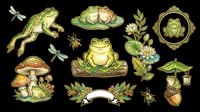 Cute frog clipart set with mushrooms, dragonfly, lily pads, and floral elements, isolated on transparent background, ready for stickers, t-shirt design, and print on demand.