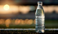 Clear plastic water bottle with condensation against blurred bokeh lights background, refreshing hydration concept for healthy lifestyle.