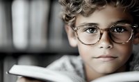 Young boy with curly hair and transparent glasses reading book in soft natural light, close up portrait showing genuine smile and curiosity while studying.