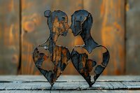 Rustic metal silhouette sculpture of loving couple kissing, featuring weathered patina and heart-shaped design against wooden background. For garden decor and art.
