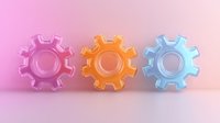 Colorful glass gear wheels in pink, orange and blue arranged in row on gradient background. Mechanical parts concept for business and technology solutions.