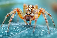 Macro photography of orange garden spider on wet surface with water drops, detailed view showing eyes, legs and body structure against turquoise background.