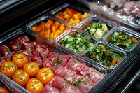 Refrigerated display case with assorted cured meats, fresh vegetables and prepared sides in metal containers, ready for catering, restaurants or food service establishments.