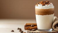 Layered coffee drink with whipped cream and chocolate sprinkles, served in glass with cinnamon sticks and coffee beans on wooden surface. Brown background.
