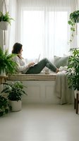 Young woman working on laptop in cozy plant-filled living room with natural light streaming through window. Remote work from home lifestyle concept.