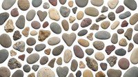 Collection of smooth river rocks and pebbles in various natural colors isolated on white background for design projects and decorative applications.