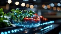 Fresh strawberries in glass bowl with magical glowing blue light effects and sparkles on dark background with bokeh lights creating dreamy atmosphere.