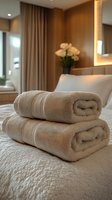 Luxurious white rolled towels on hotel bed with soft lighting, flowers in background. Clean, elegant room interior with warm ambient lighting creates spa-like atmosphere.