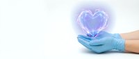 Hands in blue medical gloves holding glowing heart symbol representing healthcare compassion and patient care in modern medicine.