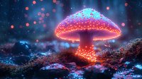 Glowing magical mushroom in enchanted forest at night with luminescent spots and ethereal atmosphere, mystical nature scene with bioluminescent fungi and bokeh lights.