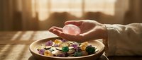 Hand protecting colorful pills and capsules on wooden plate in warm sunlight, healthcare protection concept for medical safety and pharmaceutical care.