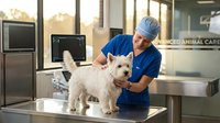 Veterinarian in blue scrubs and surgical cap examining white small dog on metal examination table in modern clinic with medical equipment and windows in background.