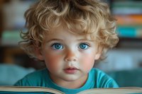 Close up portrait of young child with bright blue eyes and curly blonde hair wearing turquoise shirt, reading book with soft natural lighting and blurred background.