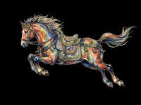 Ornate carousel horse with decorative saddle and vibrant patterns, isolated on transparent background. Ready for t-shirt design, clipart, stickers, sublimation, and print-on-demand projects.