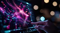 Glowing pink digital particles float above finger touching screen with bokeh lights in background, representing futuristic technology and digital transformation.