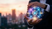 Businessman hands protecting glowing digital shield with cybersecurity icons against city skyline at sunset for data protection and network security.