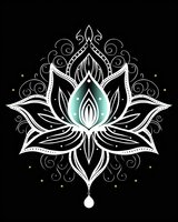 Mystical lotus mandala with white ornate details and turquoise accent on black background. Decorative spiritual symbol with delicate swirls and intricate patterns.