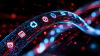 Digital communication concept with glowing app icons flowing along curved data stream against dark background with red and blue light effects.
