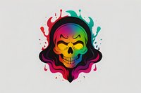 Colorful skull in hood with rainbow gradient effect and paint splash elements on light background. Stylized grim reaper character for gaming and street art designs.