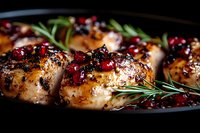 Grilled chicken breast with pomegranate seeds and fresh rosemary sprigs in dark moody setting, glazed with honey balsamic sauce, macro food photography.