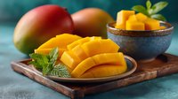 Fresh ripe mango slices on wooden board with mint leaves and cubed fruit in bowl. Tropical summer food photography for healthy eating and cooking.