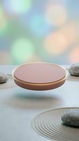 Floating rose gold podium with glowing rim hovering over zen sand garden with stones and soft bokeh background for product display.