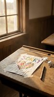 Handwritten sorry note with broken heart drawing on old wooden school desk, pencil and glasses beside it, warm vintage classroom light.