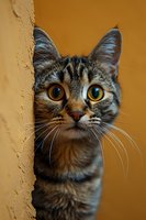 Curious tabby cat with bright amber eyes peeking from behind wall, close-up portrait against warm orange background. Perfect for pet care, animal behavior, or feline psychology concepts.