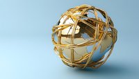 Golden metallic sphere wrapped in intersecting curved bands on light blue background, modern abstract geometric design for luxury branding and decoration.