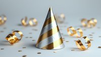 Metallic cone party hat with gold and silver stripes surrounded by scattered gold confetti and curled ribbons on neutral background, suitable for celebration event designs and festive graphics.