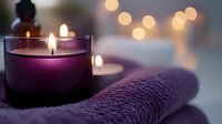 Purple scented candle burning with soft flame next to rolled towel creating relaxing spa atmosphere with warm bokeh lights in background for wellness.