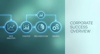 Corporate business success overview infographic with data analytics strategy implementation growth icons on gradient background for presentations.