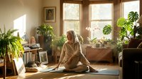 Young woman practicing yoga meditation in sunlit living room filled with lush green houseplants creating peaceful wellness atmosphere for mindful relaxation.