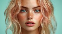 Young Caucasian woman with freckles, blue eyes and pink wavy hair against turquoise background. Natural makeup, fresh glowing skin and coral lips create modern beauty look.