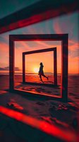 Female silhouette framed by geometric squares against vibrant orange sunset on beach, creating surreal perspective with dramatic red and teal color palette.