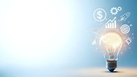 Glowing light bulb with business icons and gears representing innovation, creativity, and entrepreneurial success on blue gradient background.