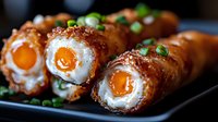 Crispy breaded scotch eggs with golden yolk centers garnished with fresh herbs on dark plate. Perfect for breakfast, brunch or appetizer menu photography.