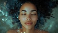 Young mixed race woman with curly hair floating in turquoise water with closed eyes and peaceful smile, expressing serenity and wellness in dreamy atmospheric lighting.