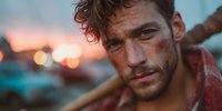 Handsome young Caucasian man with tousled hair and intense gaze at golden hour sunset, warm lighting creating atmospheric mood for lifestyle photography.