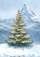Decorated Christmas tree with colorful ornaments and lights standing in snow against majestic mountain backdrop.