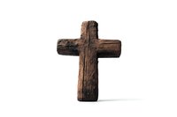 Rustic wooden cross standing upright on white background, showcasing weathered texture and natural grain patterns of aged wood.