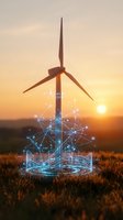 Wind turbine with digital network visualization at sunset, representing renewable energy technology and smart grid connectivity for sustainable power generation.