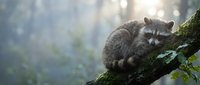 Adorable raccoon resting on moss-covered tree branch in misty forest. Wildlife photography showcasing natural habitat and peaceful woodland scene.