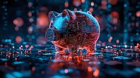 Digital piggy bank with circuit patterns glowing in neon blue and red lights on reflective surface with bokeh effect background. Modern finance technology concept.
