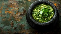 Fresh guacamole with cilantro in traditional stone molcajete bowl on rustic green background, authentic Mexican appetizer served in volcanic rock mortar.