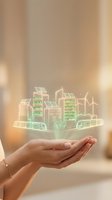 Hands holding glowing holographic smart city with green buildings, solar panels, wind turbines and electric vehicles representing sustainable urban development and eco-friendly technology solutions.
