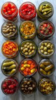 Assorted pickled vegetables and olives in glass jars on marble background. Collection of preserved foods including tomatoes, cucumbers, peppers and various olive varieties.