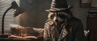 Young male anthropomorphic raccoon detective wearing fedora hat and trench coat, sitting at desk with typewriter under desk lamp in noir-style office setting, suitable for storytelling and creative projects.