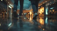 Low angle view of people walking in shopping mall with reflective floor creating mirror effect of legs and ambient lighting.